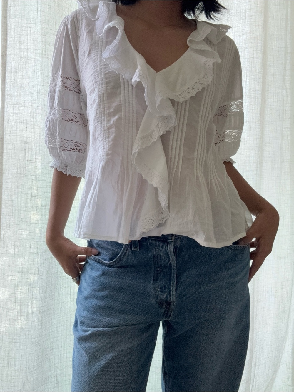 aerie 100% Cotton White Ruffled V-Neck Lace Trim Blouse